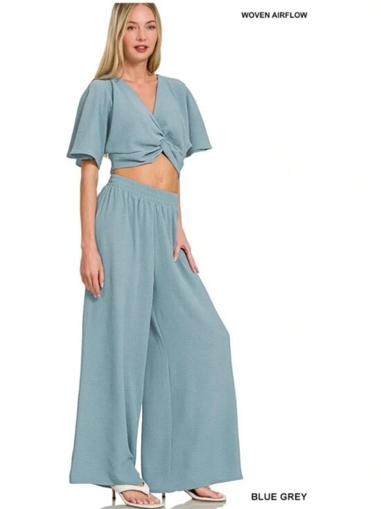 Zenana Outfitters Pants - NEW Zenana Woven Airflow Twisted Top & Wide Leg Pants Set Size Large 2PC =